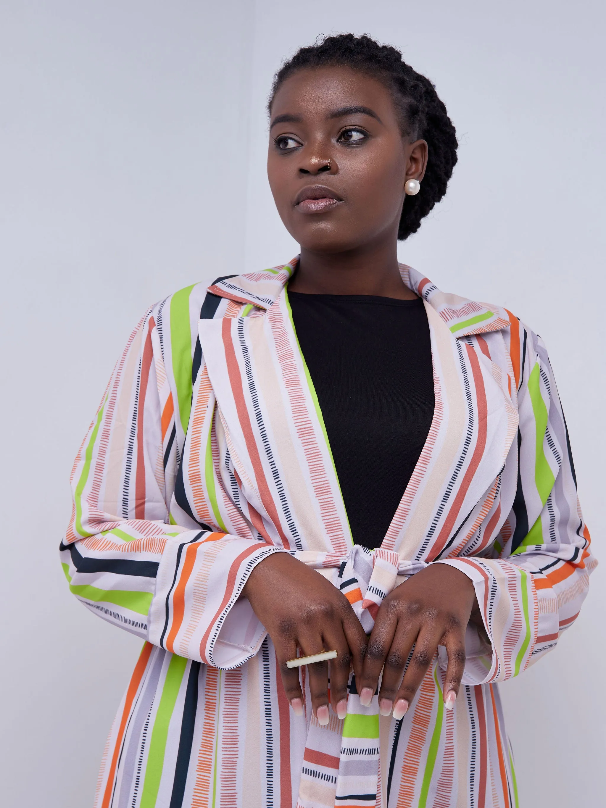 Vivo Mistari Long Sleeve Panelled Kimono - Beige / Orange Print