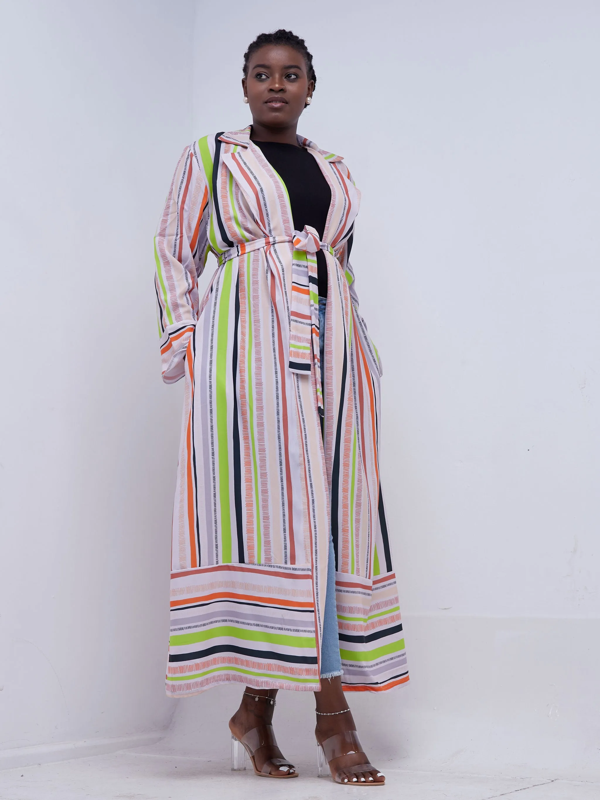 Vivo Mistari Long Sleeve Panelled Kimono - Beige / Orange Print