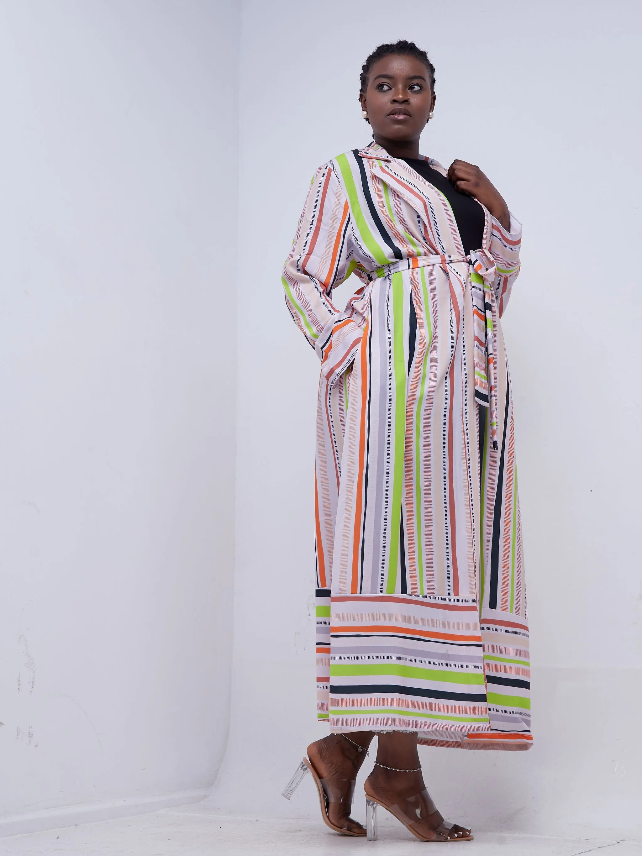 Vivo Mistari Long Sleeve Panelled Kimono - Beige / Orange Print