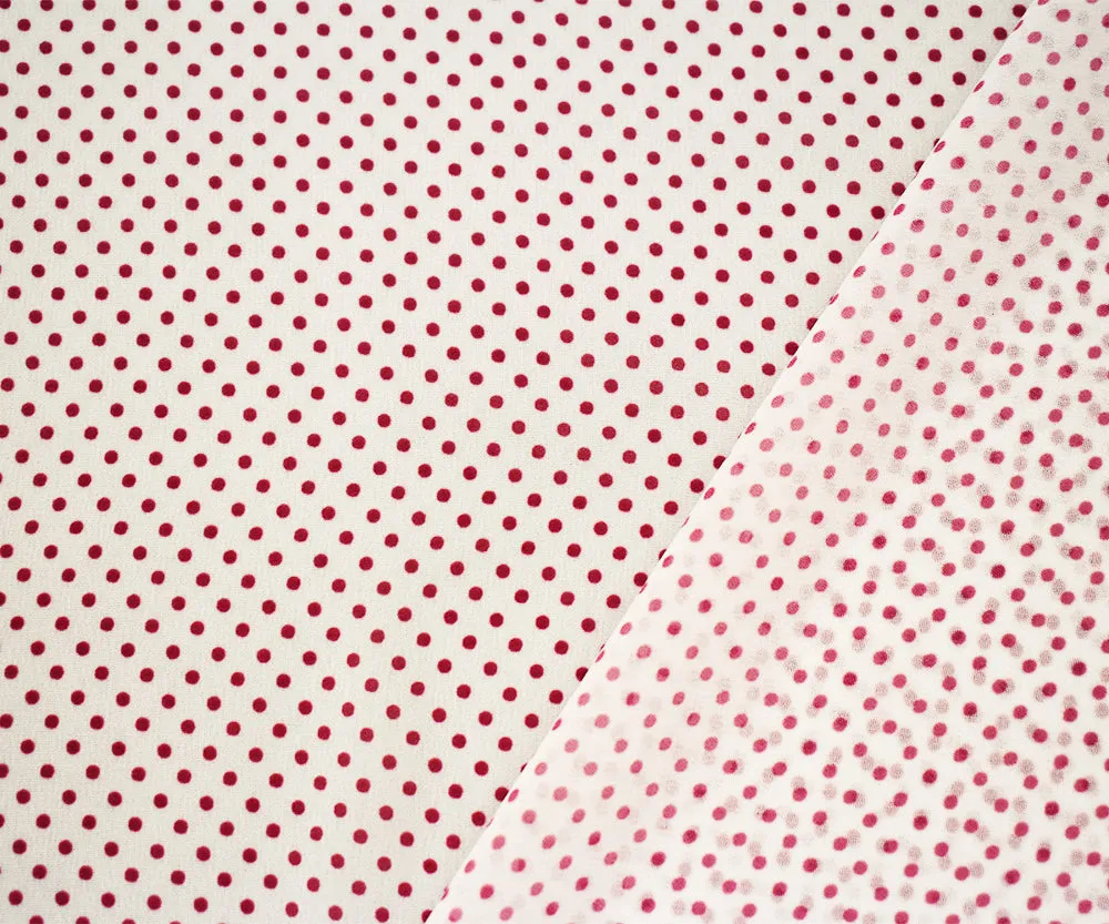White-Red Polka Dots Printed Poly Chiffon Woven Fabric
