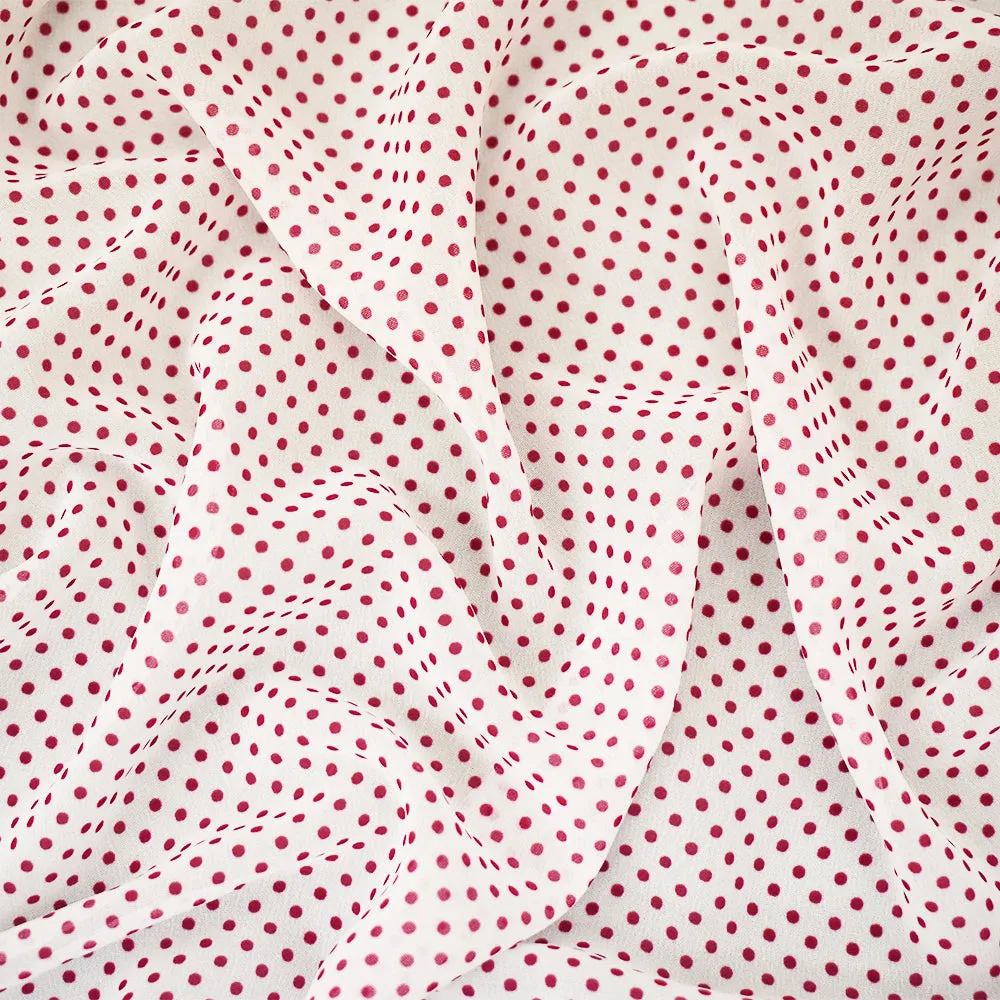 White-Red Polka Dots Printed Poly Chiffon Woven Fabric