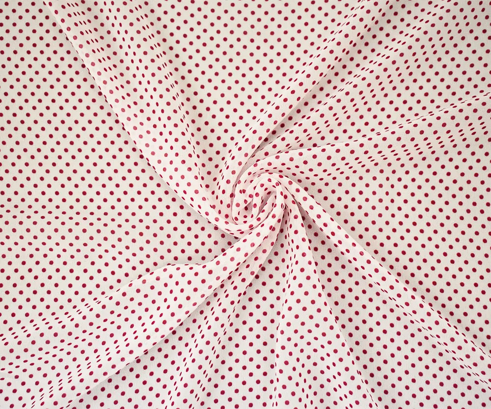 White-Red Polka Dots Printed Poly Chiffon Woven Fabric
