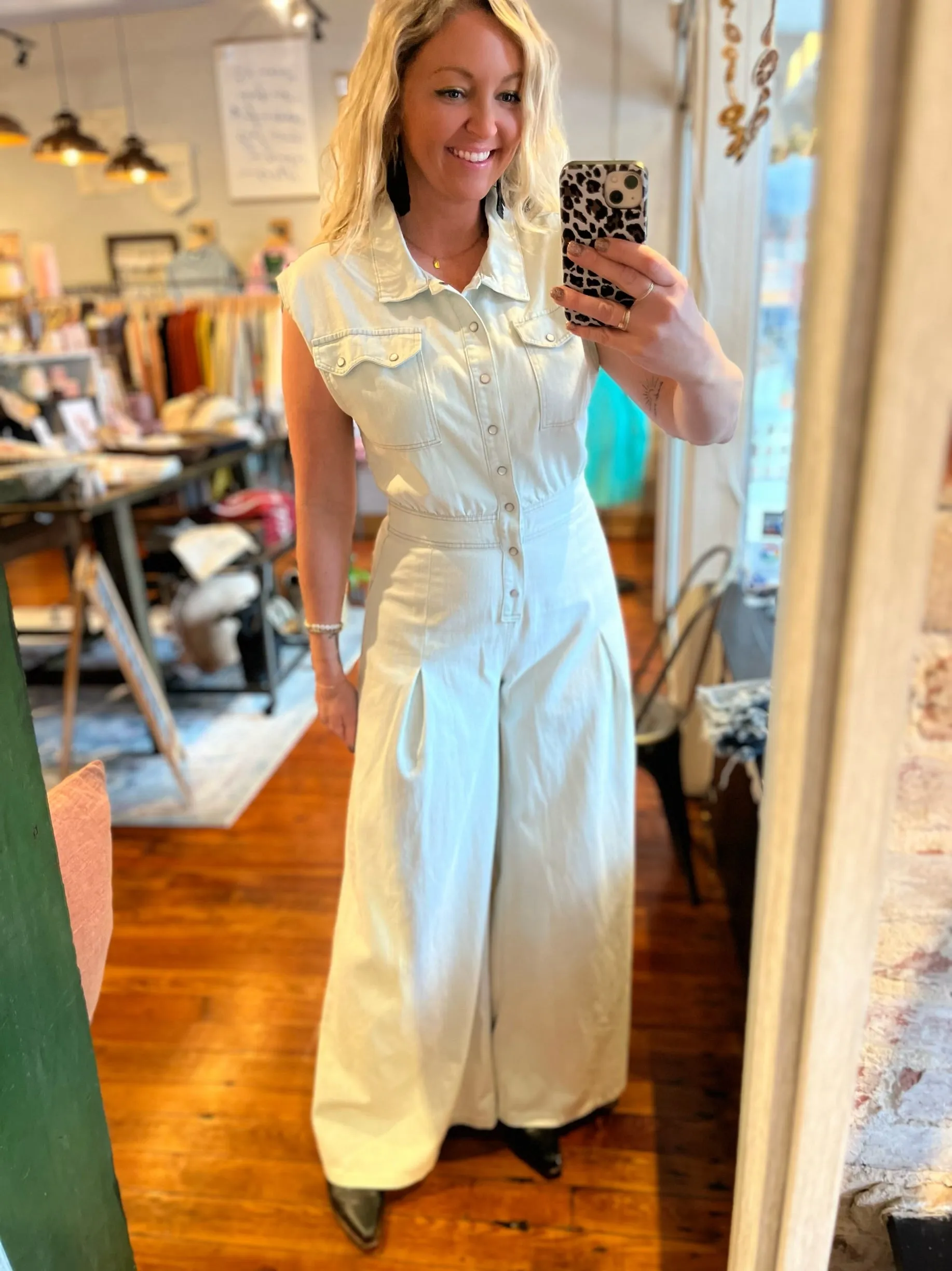 Wide Leg Denim Jumpsuit- Light