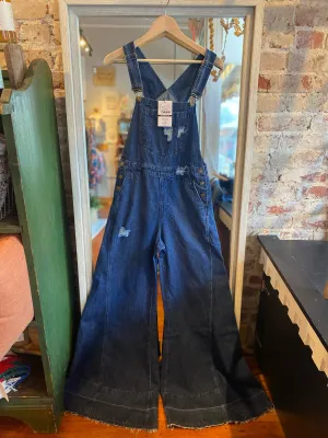 Wide Leg Distressed Denim Overalls- Dark