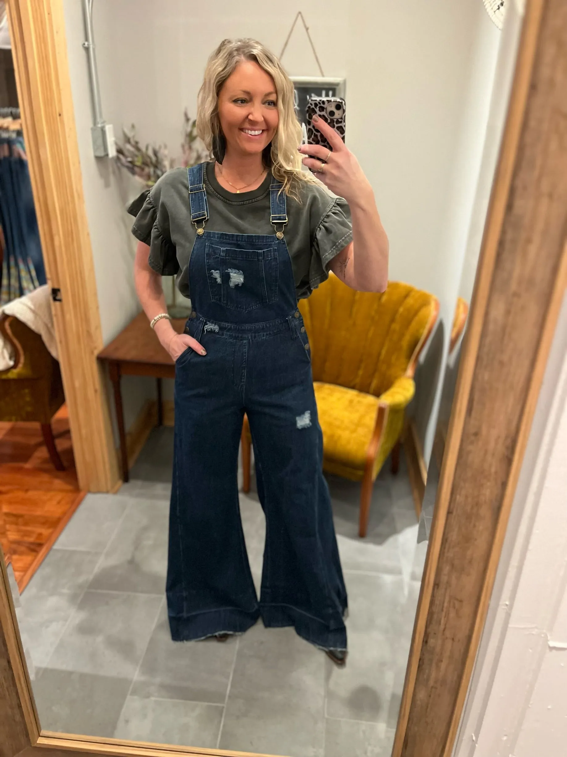 Wide Leg Distressed Denim Overalls- Dark