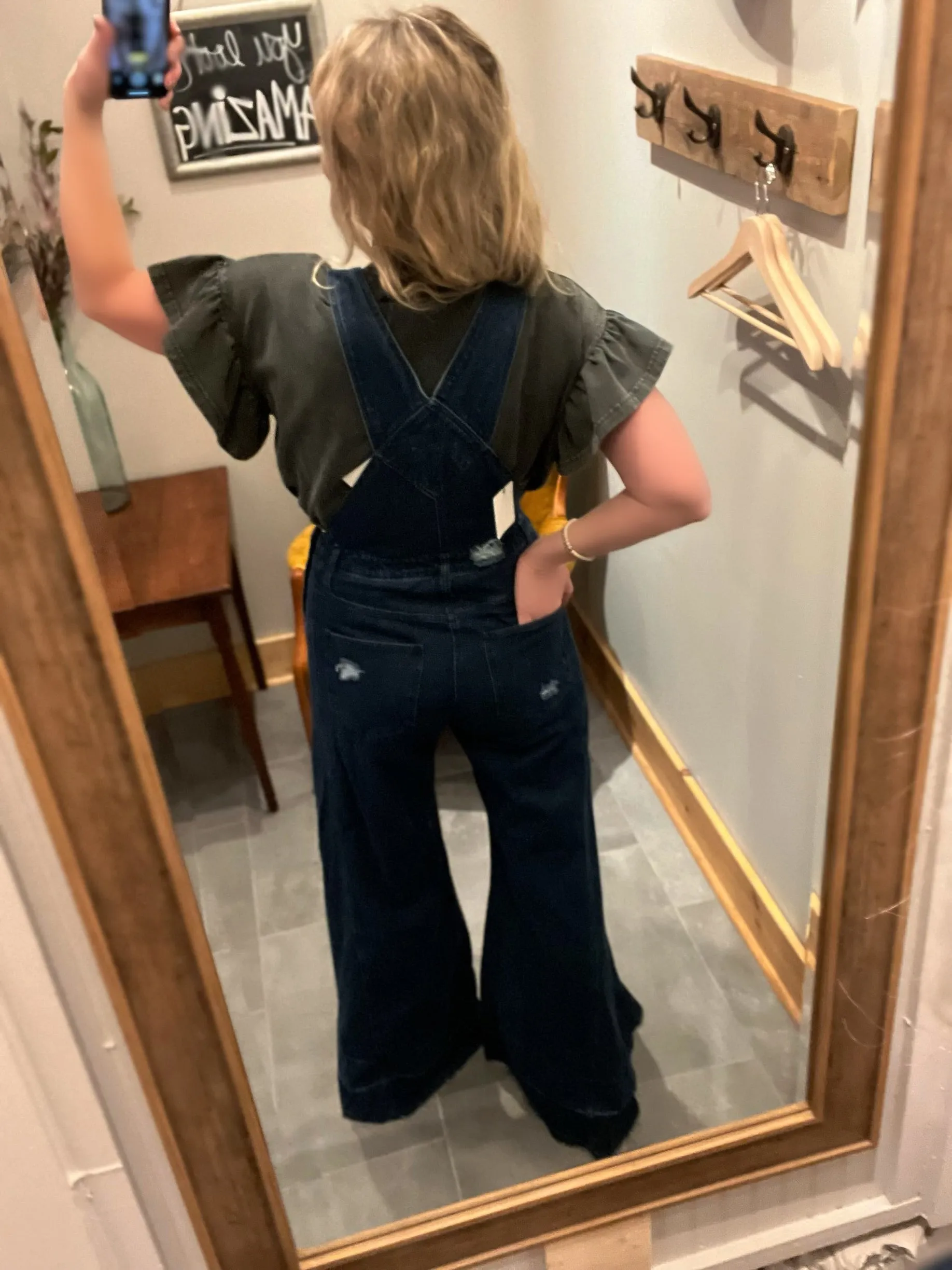 Wide Leg Distressed Denim Overalls- Dark