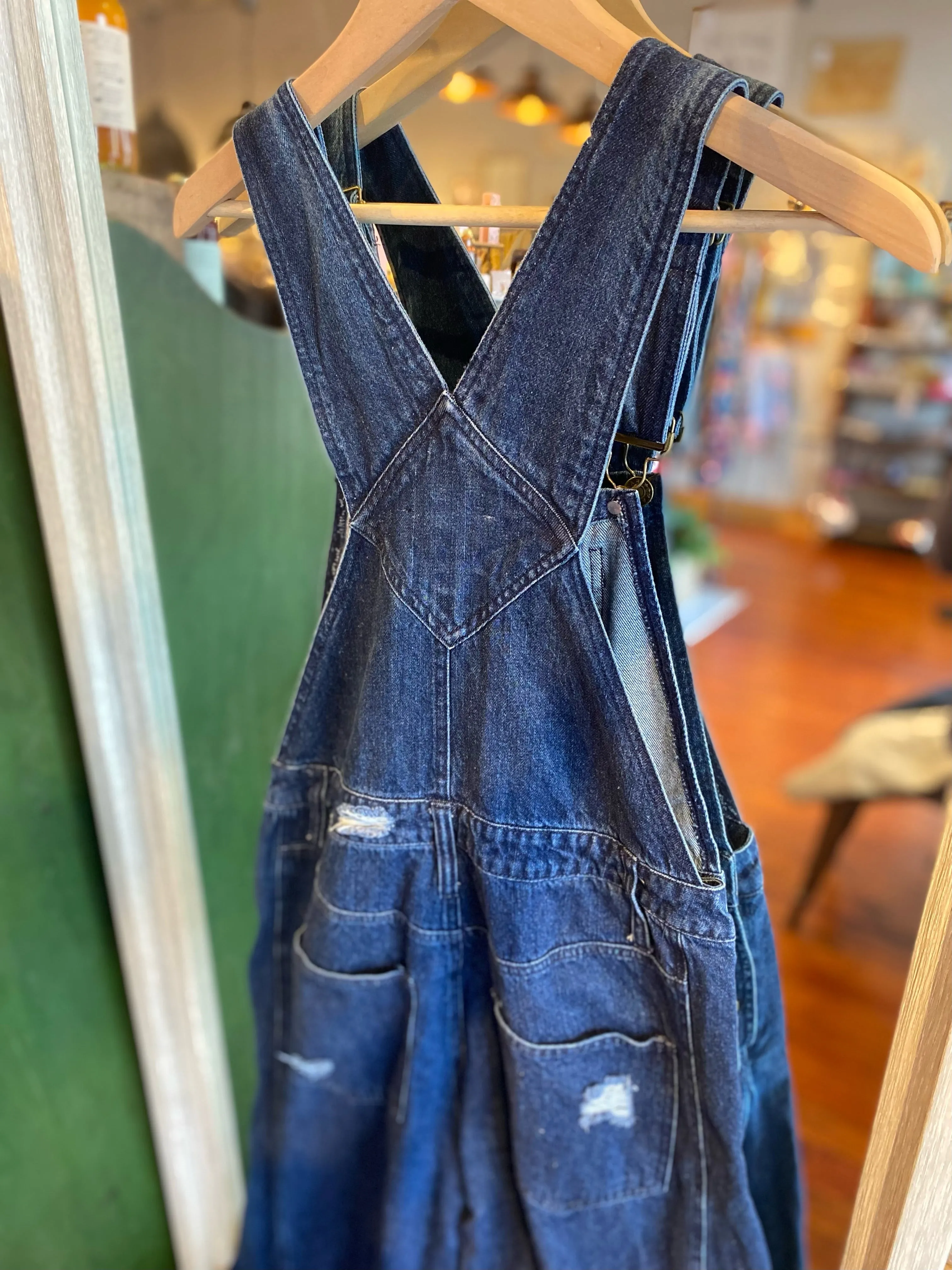 Wide Leg Distressed Denim Overalls- Dark