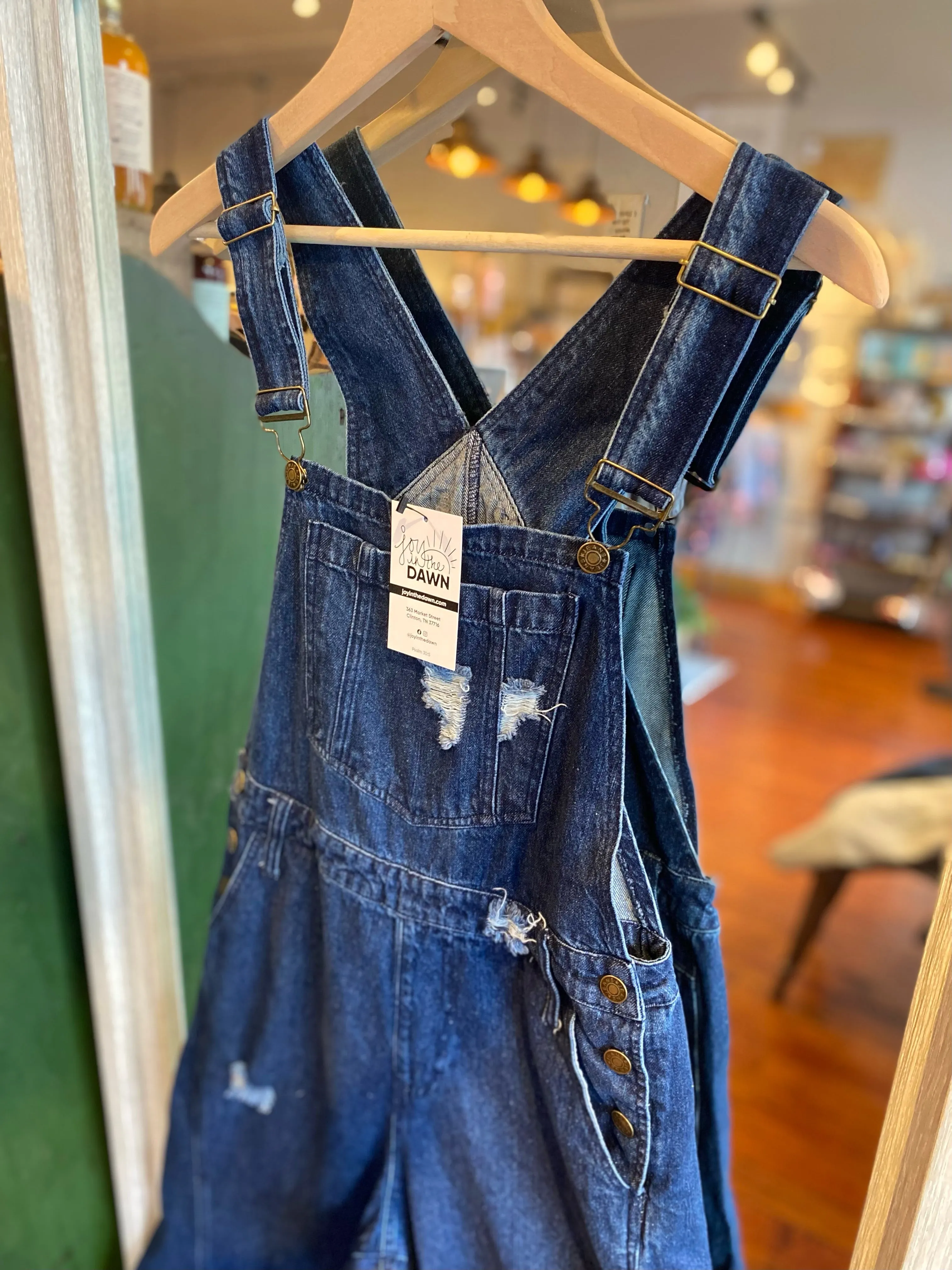 Wide Leg Distressed Denim Overalls- Dark