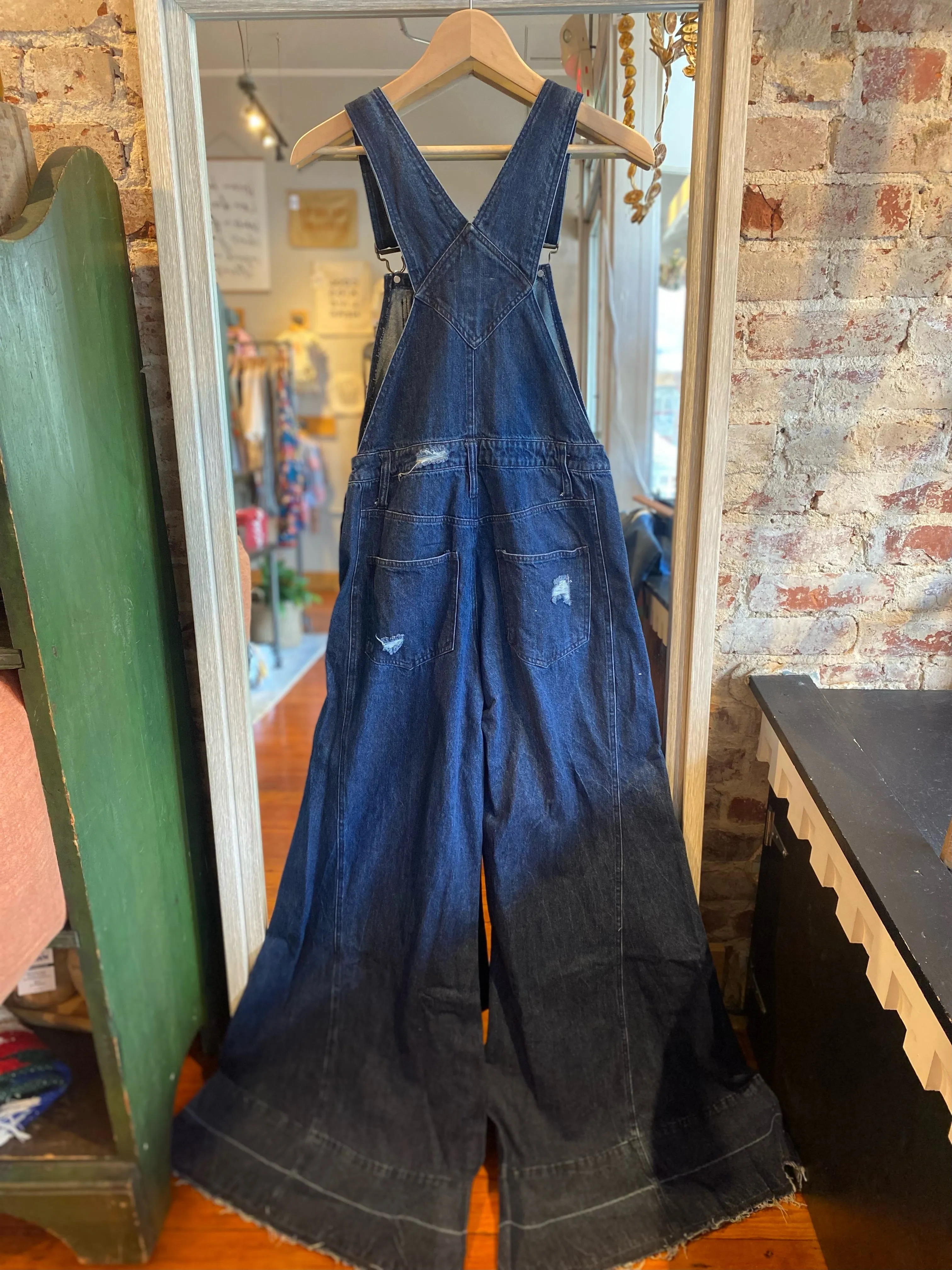 Wide Leg Distressed Denim Overalls- Dark