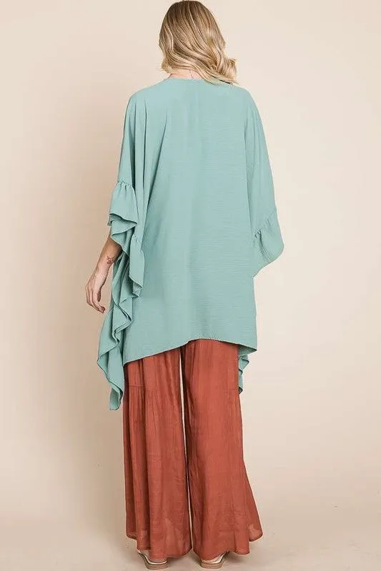 Wide sleeves ruffle kimono