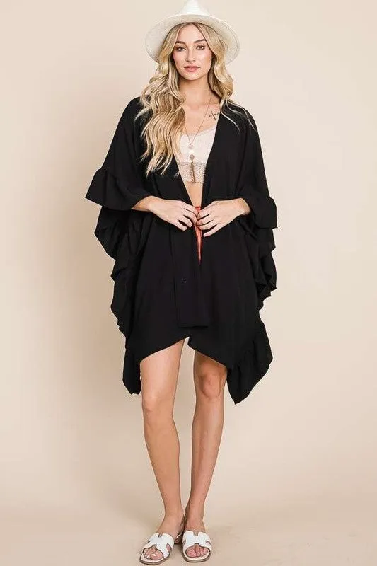 Wide sleeves ruffle kimono