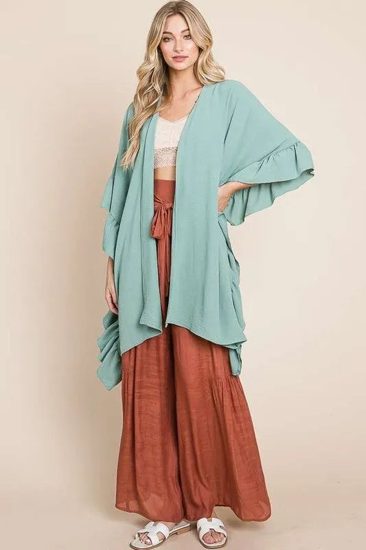 Wide sleeves ruffle kimono