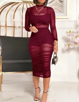 Wine Sheer Mesh Ruch Baddie Crop Top Shorts Midi Dress