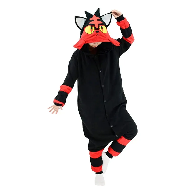 Women Pajamas Pokmoon Onesie Litten Kigurumi Anime Jumpsuit with Long Sleeves and Hood Halloween Christmas Cosplay Costume Party