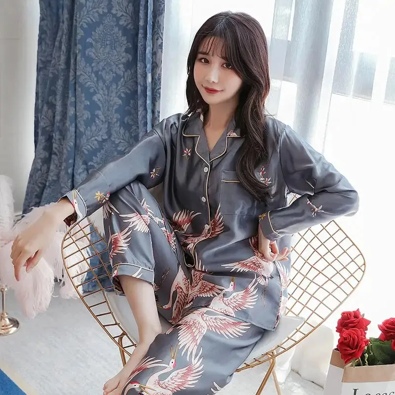 Women Pajamas Set Long Sleeve Tops Trousers Pyjamas 2 Pieces Satin Sleepwear Nightgown Home Clothes