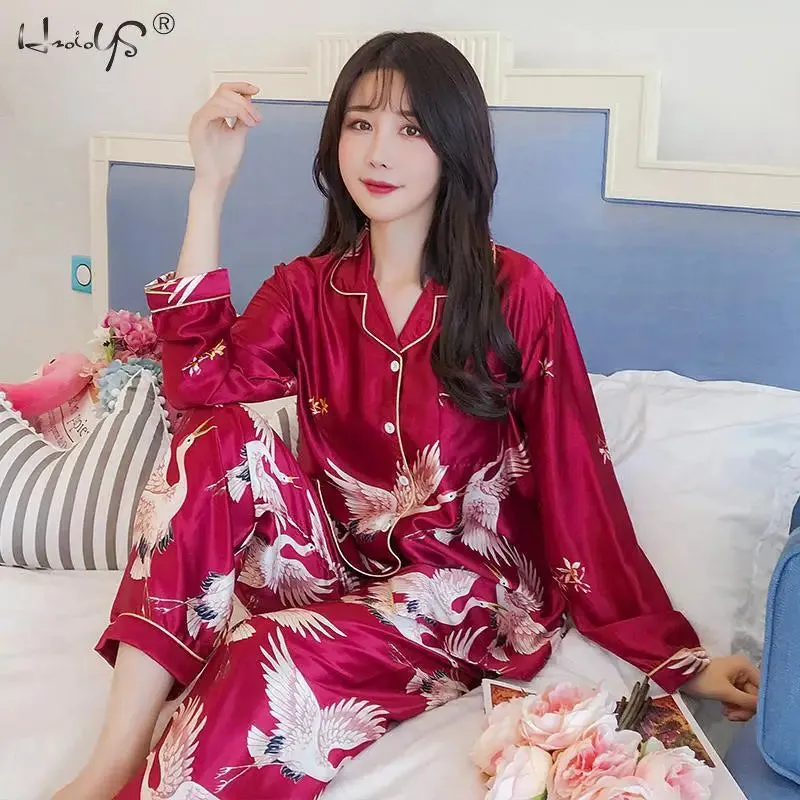 Women Pajamas Set Long Sleeve Tops Trousers Pyjamas 2 Pieces Satin Sleepwear Nightgown Home Clothes