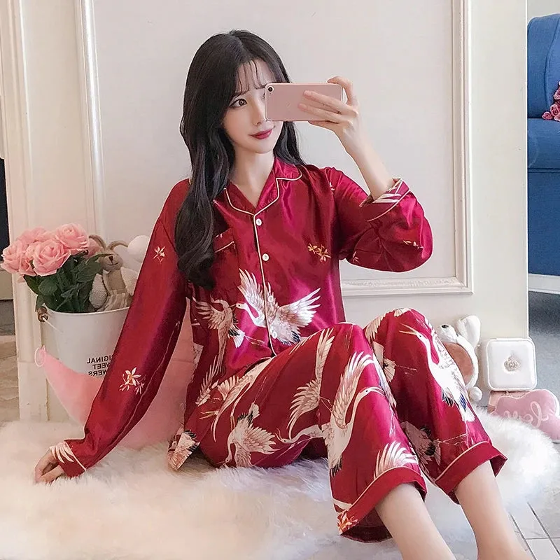 Women Pajamas Set Long Sleeve Tops Trousers Pyjamas 2 Pieces Satin Sleepwear Nightgown Home Clothes