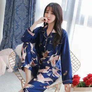 Women Pajamas Set Long Sleeve Tops Trousers Pyjamas 2 Pieces Satin Sleepwear Nightgown Home Clothes