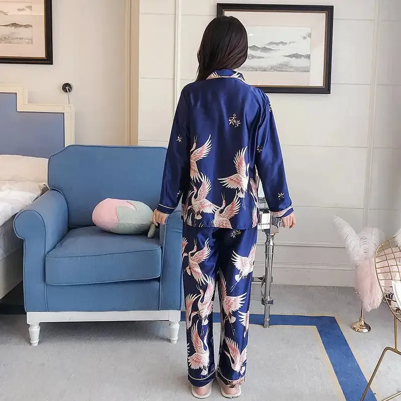 Women Pajamas Set Long Sleeve Tops Trousers Pyjamas 2 Pieces Satin Sleepwear Nightgown Home Clothes