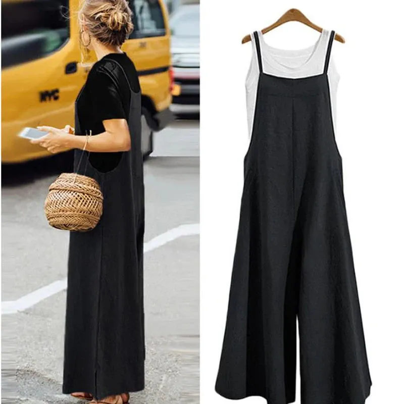 Women Straps Jumpsuit Summer Solid Color Wide Leg Pants Dungaree Bib Overalls Casual Loose Sleeveless Cotton Linen Jumpsuits 5Xl