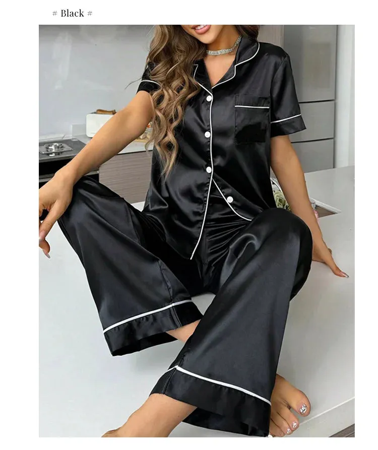 Women's Autumn 2-Piece Satin Pajama Set with Short Sleeves, Buttons - Ideal for Homewear & Sleep