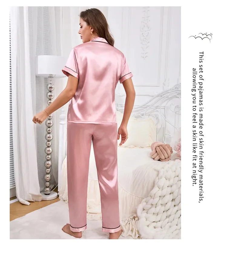 Women's Autumn 2-Piece Satin Pajama Set with Short Sleeves, Buttons - Ideal for Homewear & Sleep