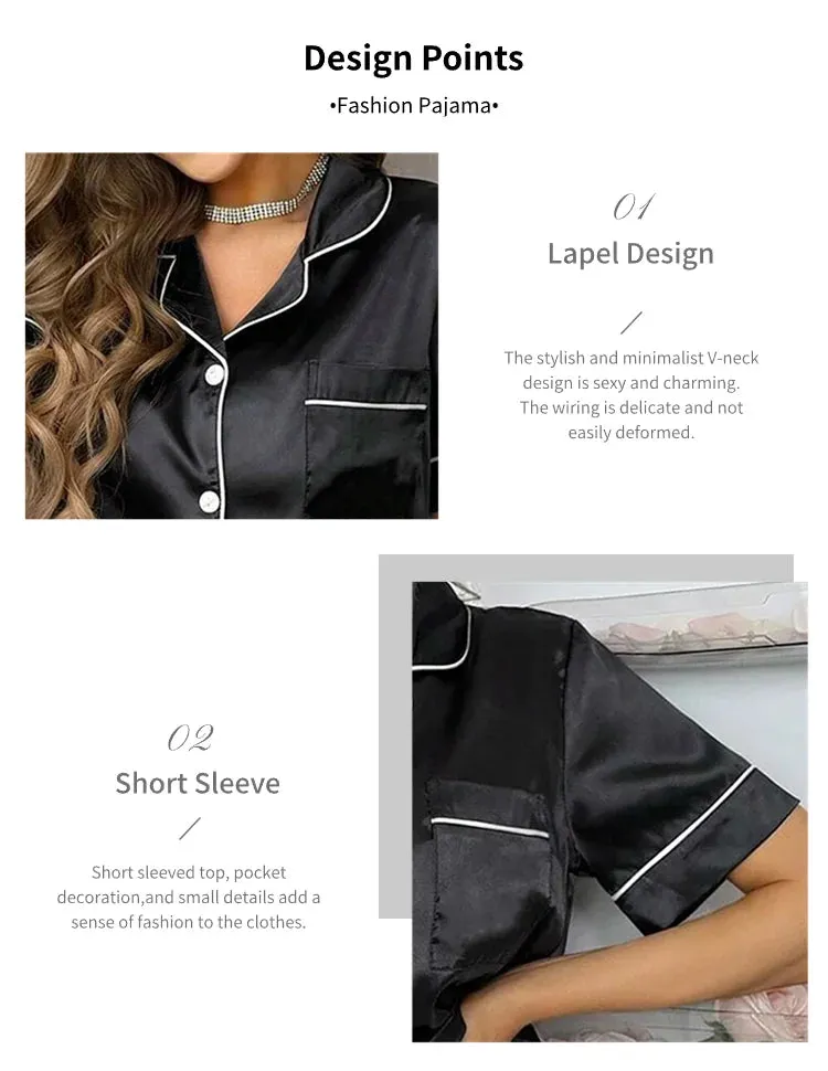 Women's Autumn 2-Piece Satin Pajama Set with Short Sleeves, Buttons - Ideal for Homewear & Sleep