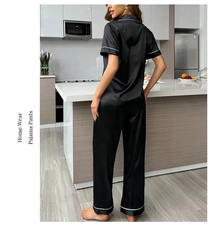 Women's Autumn 2-Piece Satin Pajama Set with Short Sleeves, Buttons - Ideal for Homewear & Sleep