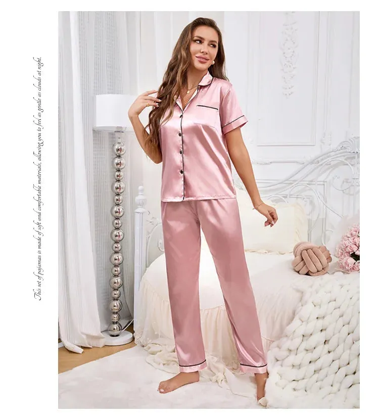 Women's Autumn 2-Piece Satin Pajama Set with Short Sleeves, Buttons - Ideal for Homewear & Sleep