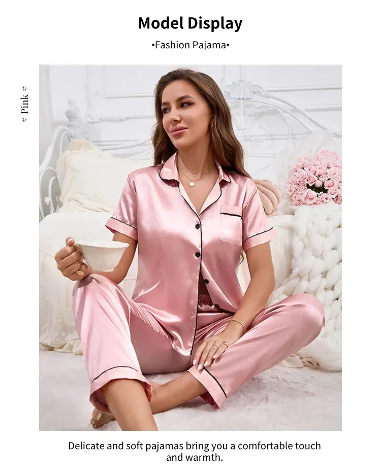 Women's Autumn 2-Piece Satin Pajama Set with Short Sleeves, Buttons - Ideal for Homewear & Sleep