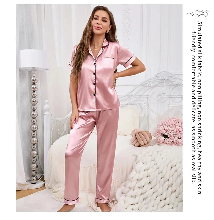 Women's Autumn 2-Piece Satin Pajama Set with Short Sleeves, Buttons - Ideal for Homewear & Sleep