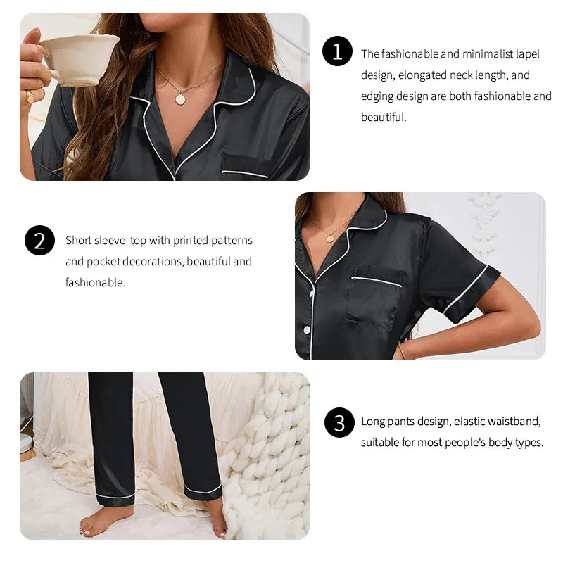 Women's Autumn 2-Piece Satin Pajama Set with Short Sleeves, Buttons - Ideal for Homewear & Sleep