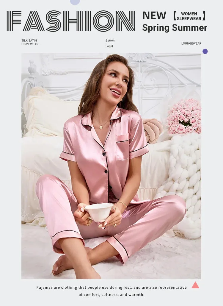 Women's Autumn 2-Piece Satin Pajama Set with Short Sleeves, Buttons - Ideal for Homewear & Sleep