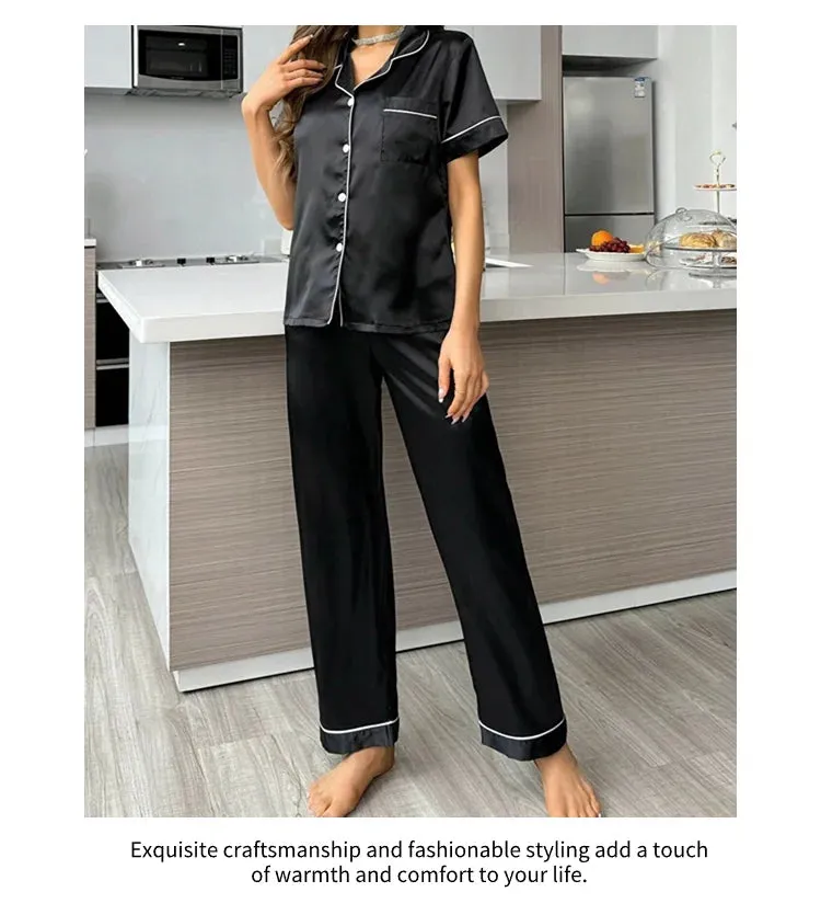 Women's Autumn 2-Piece Satin Pajama Set with Short Sleeves, Buttons - Ideal for Homewear & Sleep