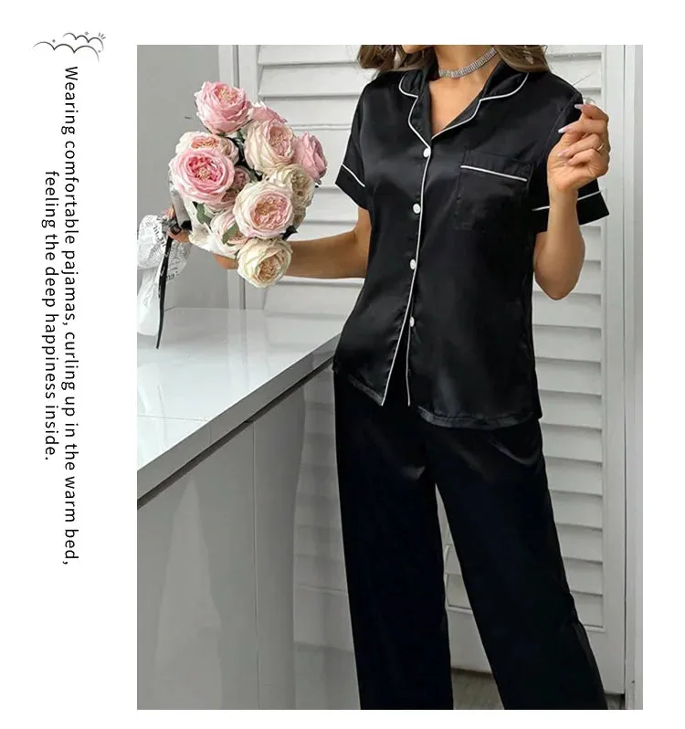 Women's Autumn 2-Piece Satin Pajama Set with Short Sleeves, Buttons - Ideal for Homewear & Sleep