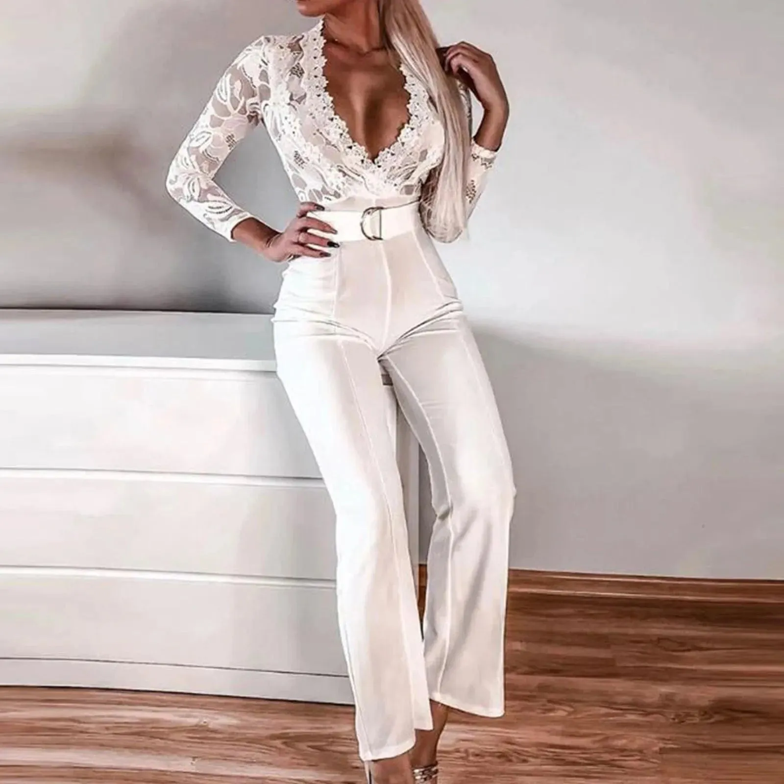 Women'S  Elegant Wide Leg Overalls Fashion Casual White Jumpsuit.