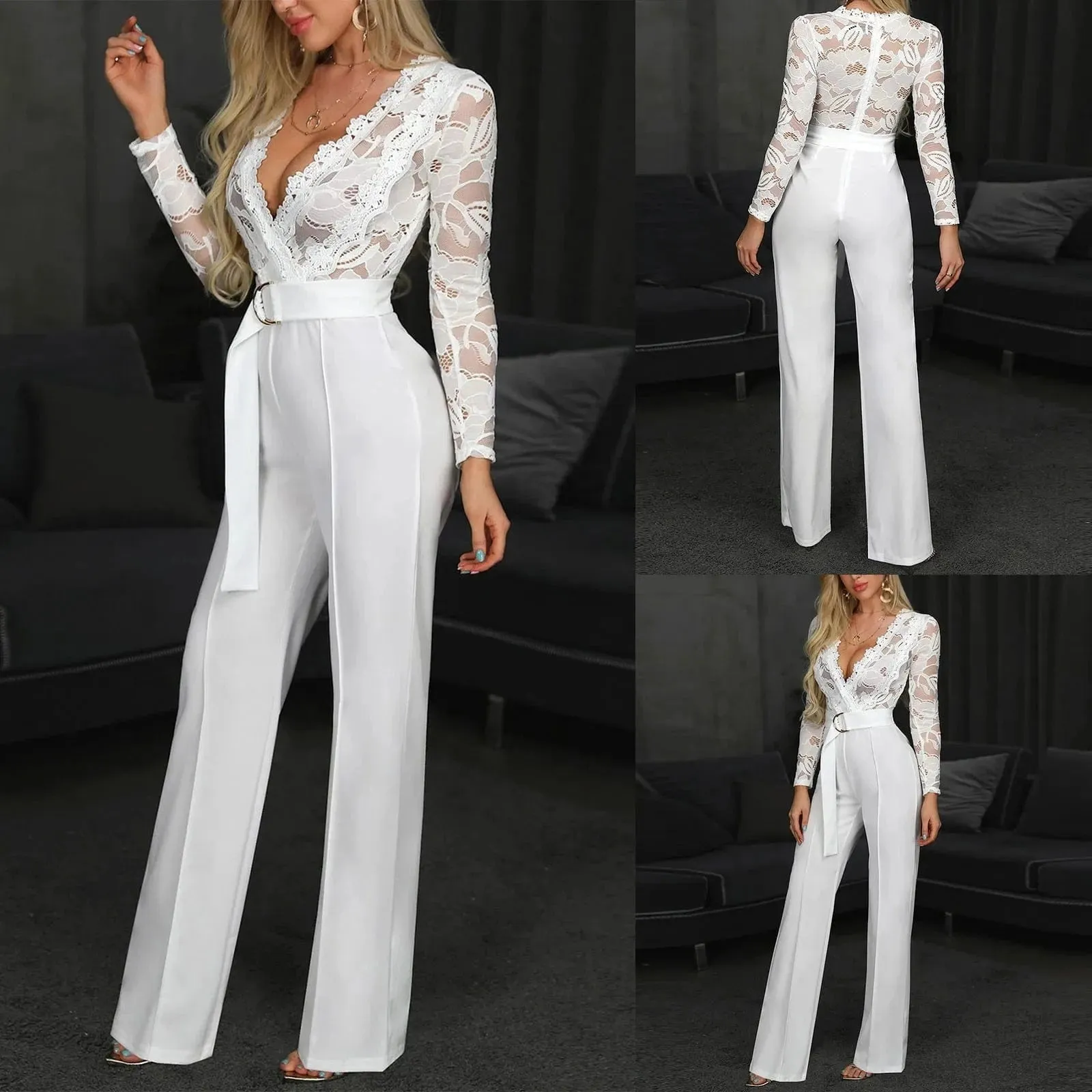 Women'S  Elegant Wide Leg Overalls Fashion Casual White Jumpsuit.