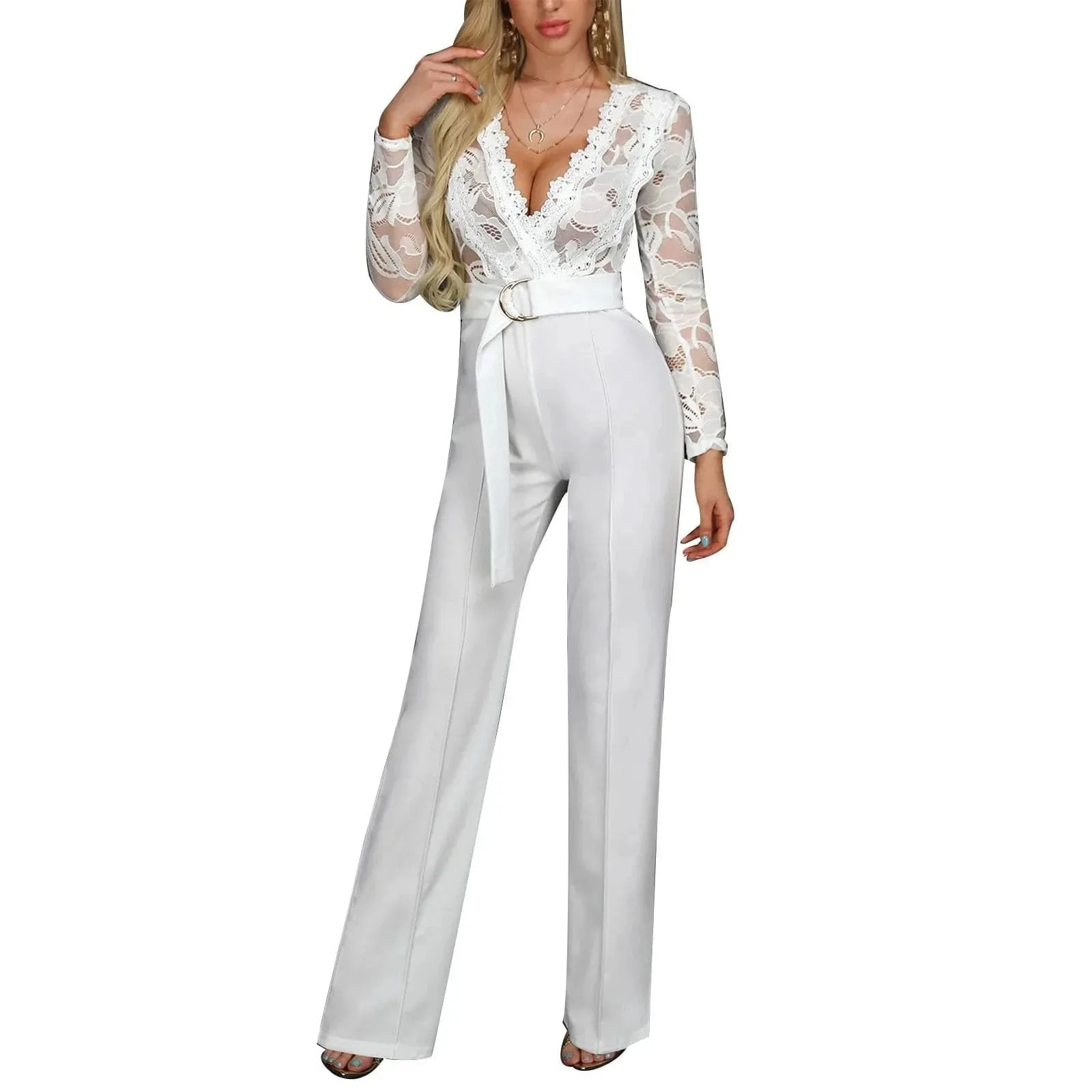 Women'S  Elegant Wide Leg Overalls Fashion Casual White Jumpsuit.
