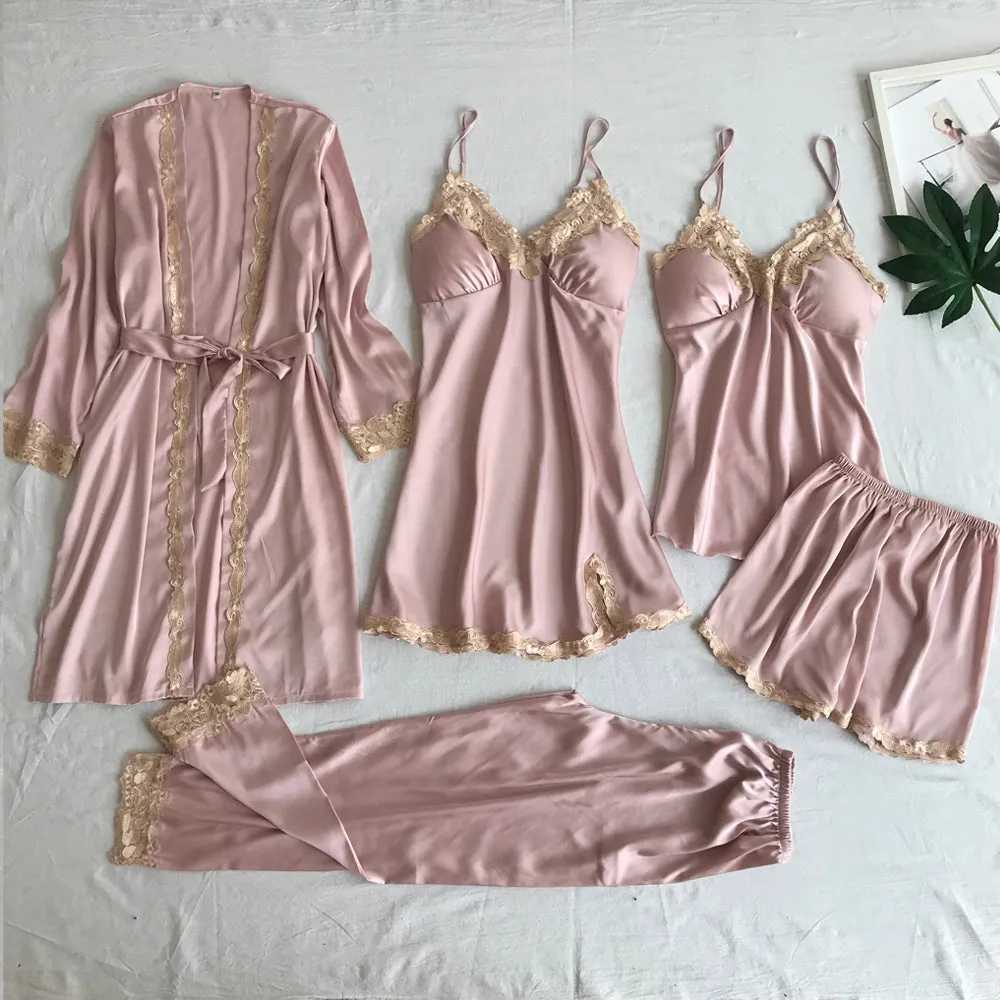 womens lingerie 5 pieces of home dress Nightwear lady simulation silk five Pajama set