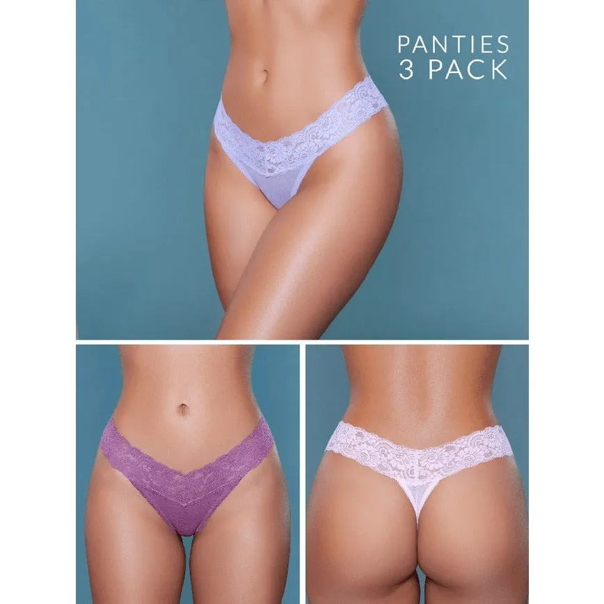 Women's Sheer Mesh Low Rise Floral Lace Waist Design Thong (Pack of 3)