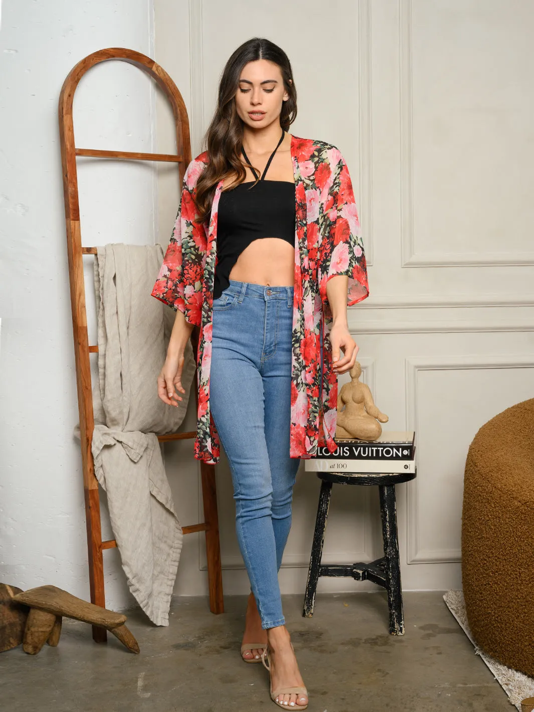 WOMEN'S SHORT SLEEVE FLORAL KIMONO
