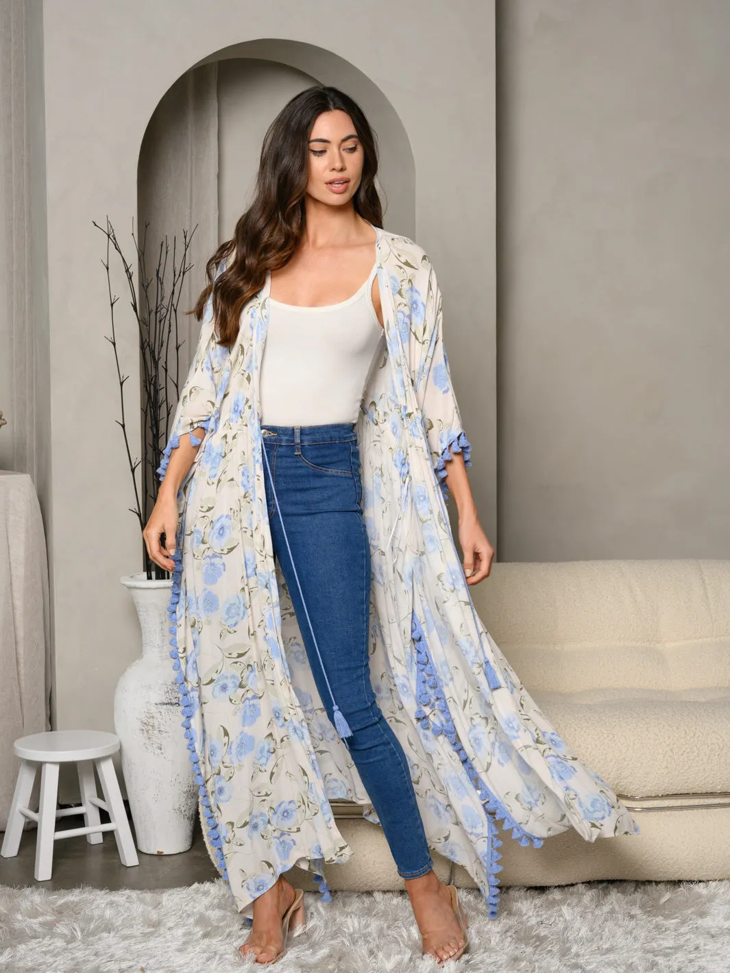 WOMEN'S SHORT SLEEVE FLORAL OPEN LONG CARDIGAN