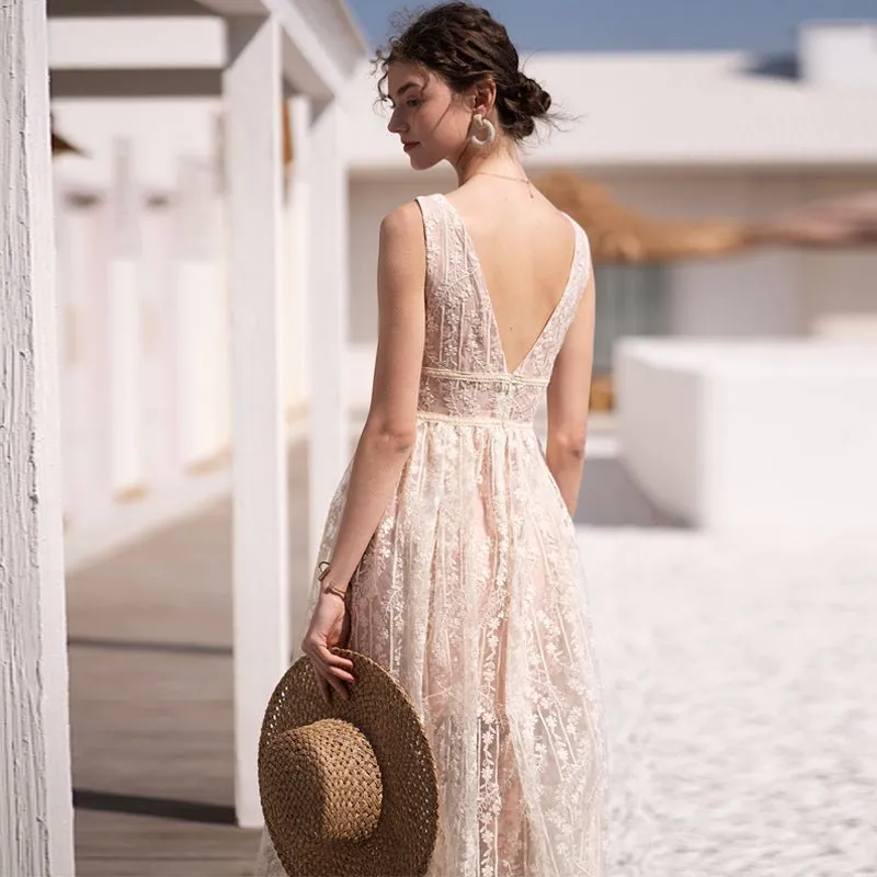 Women's Summer Puff Skirt Deep V Backless Long Skirt