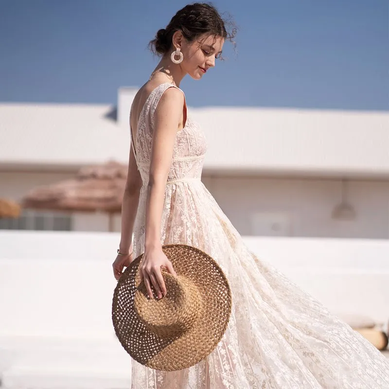 Women's Summer Puff Skirt Deep V Backless Long Skirt