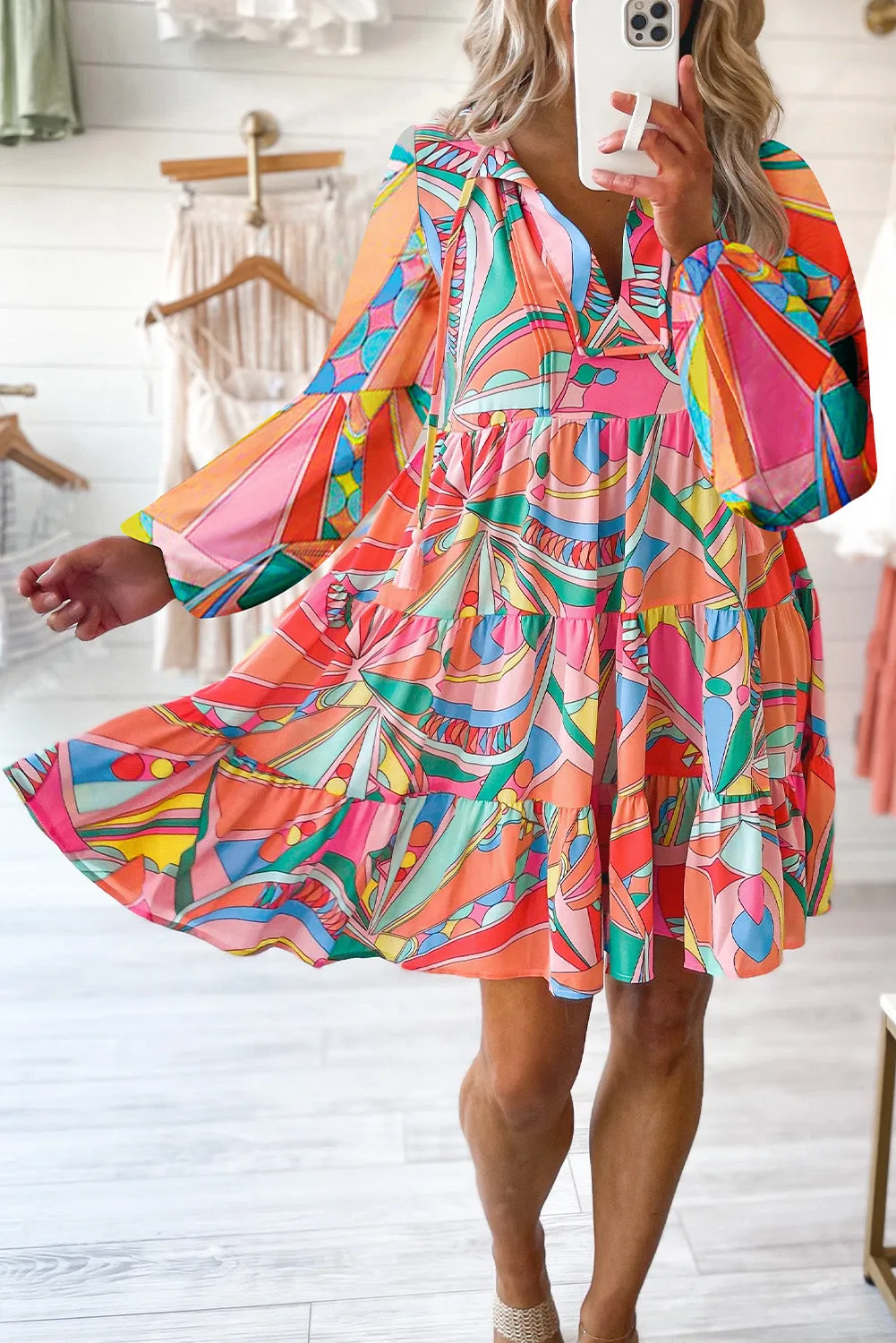 XL Colorful Printed Long Sleeve Mini Dress
