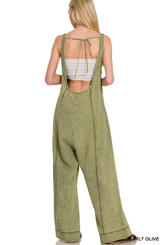 Zenana Double Gauze Washed Wide Leg Overalls