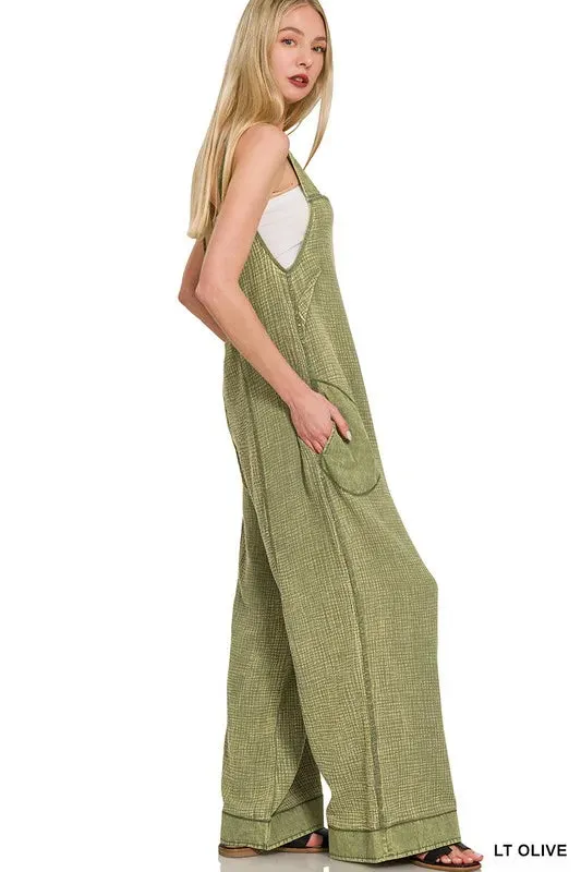 Zenana Double Gauze Washed Wide Leg Overalls