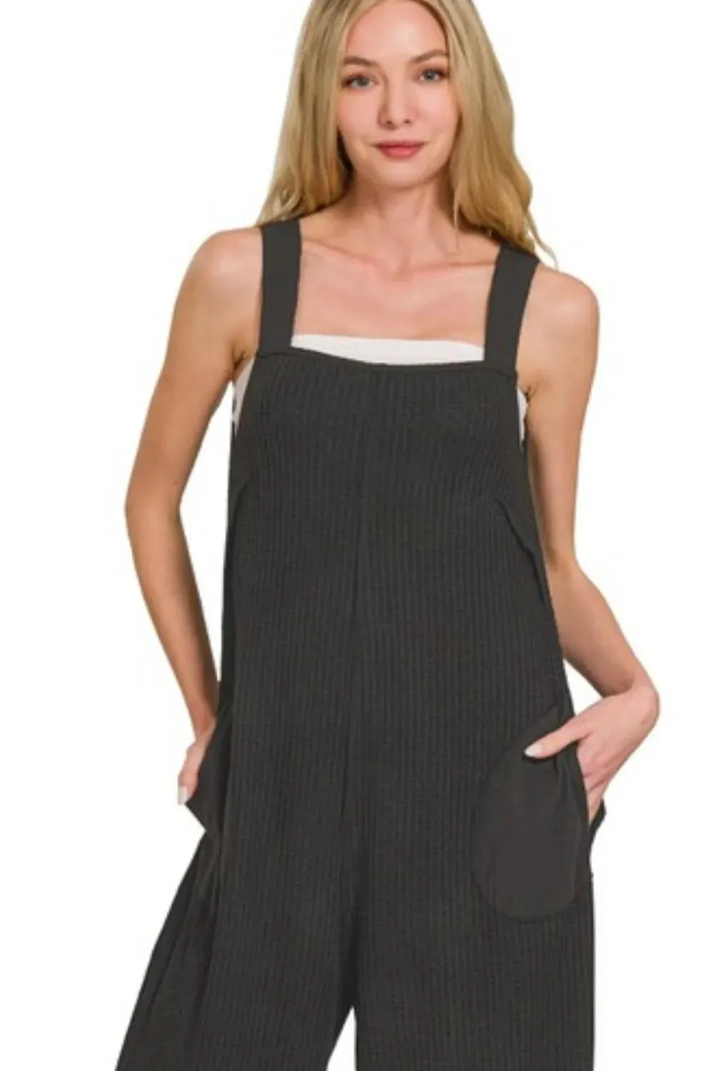 Zenana Knit Waffle Wide Leg Overalls