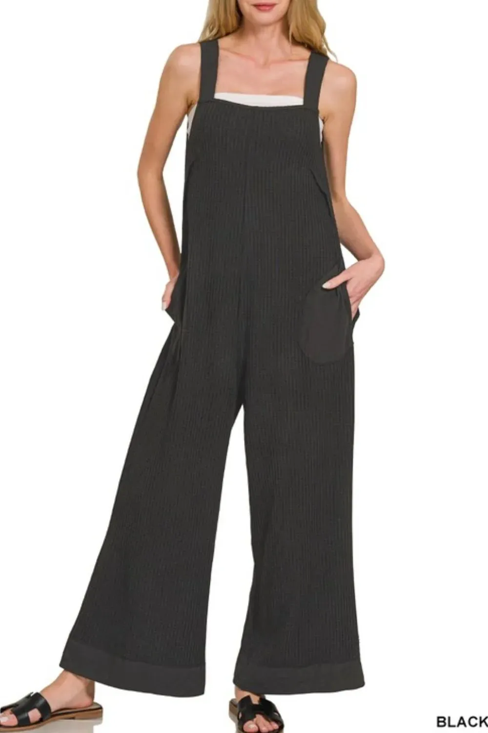 Zenana Knit Waffle Wide Leg Overalls
