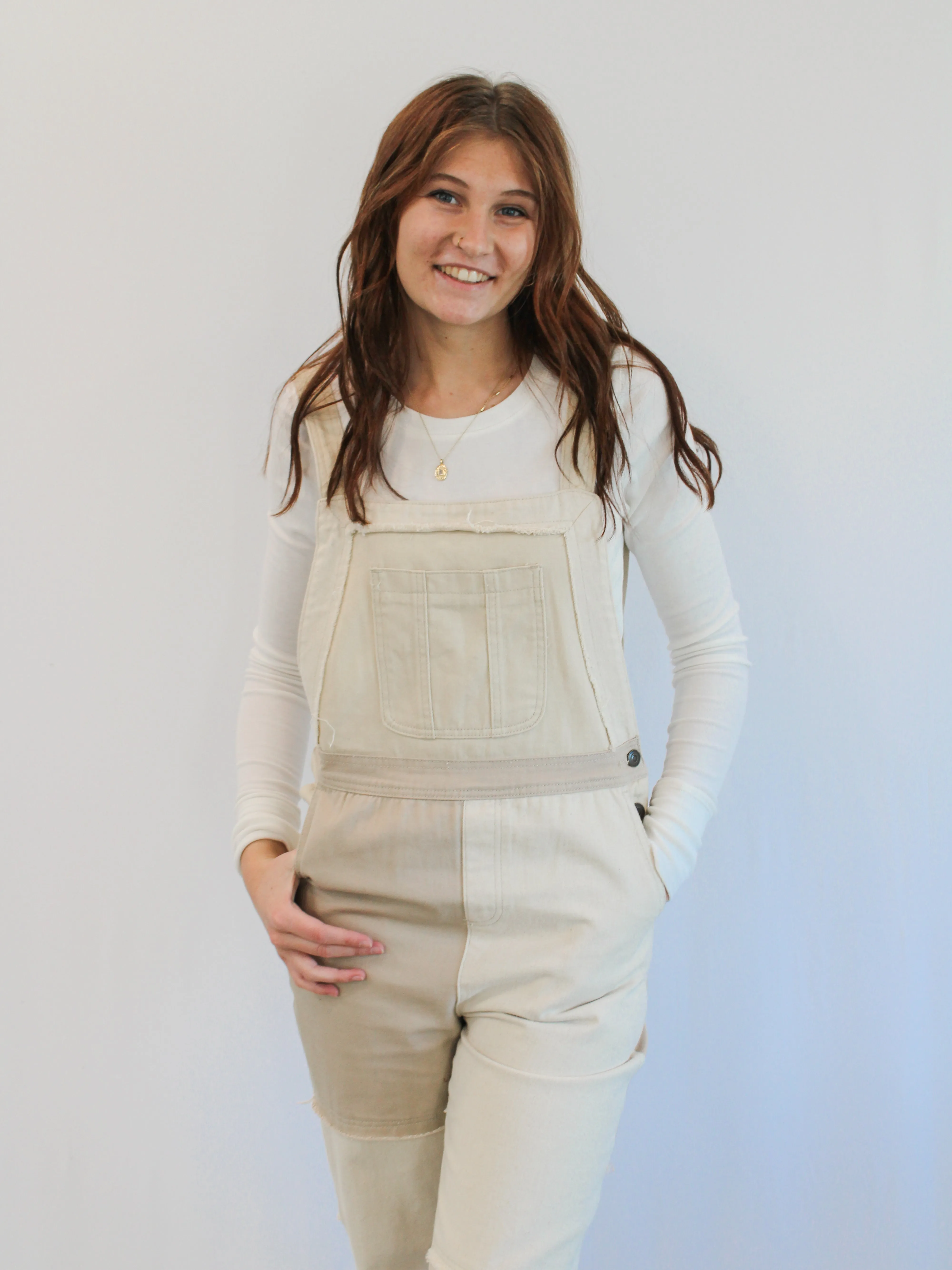 ZIY KHAKI COLORBLOCK TWILL OVERALLS